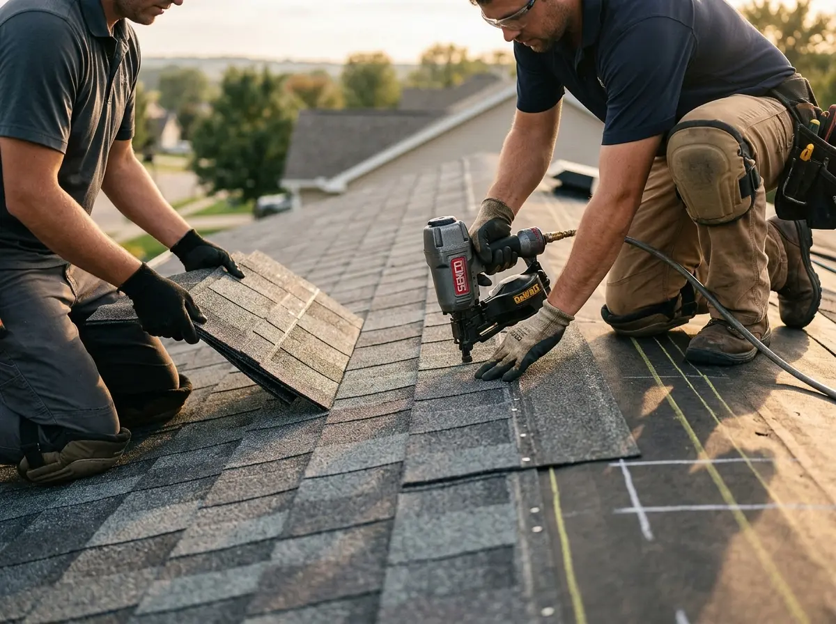 Professional roofer working on a residential roof in Johns Creek